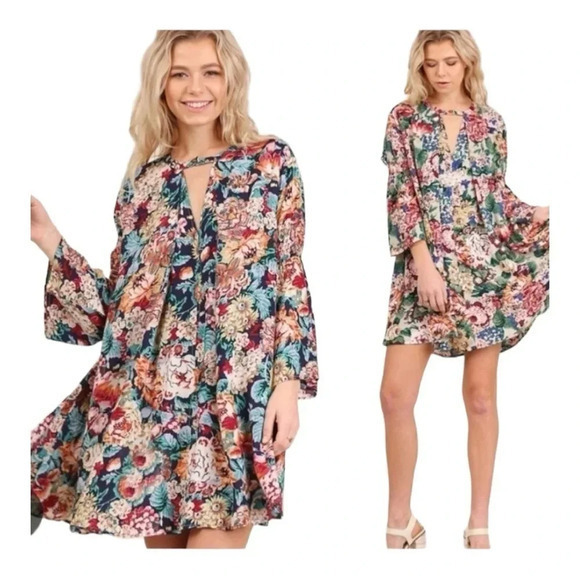 Umgee Dresses & Skirts - UMGEE FLORAL BOHO GYPSY TRAPEZE SWING‎ PEASANT DRESS MULTICOLOR SIZE MEDIUM